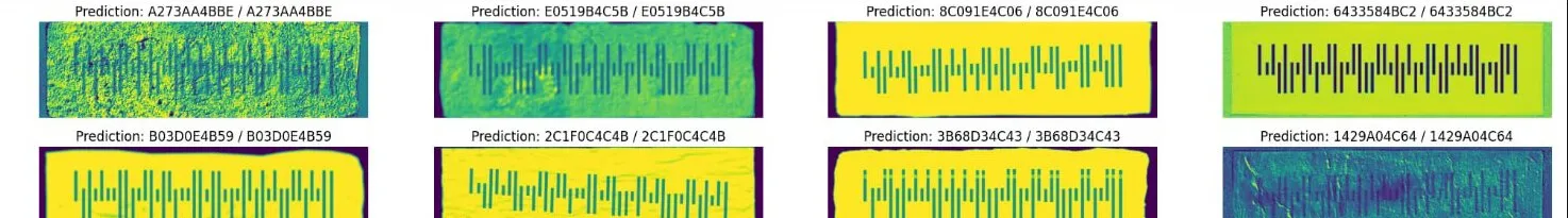 Eight synthetic codes: the recognised string matches the reference