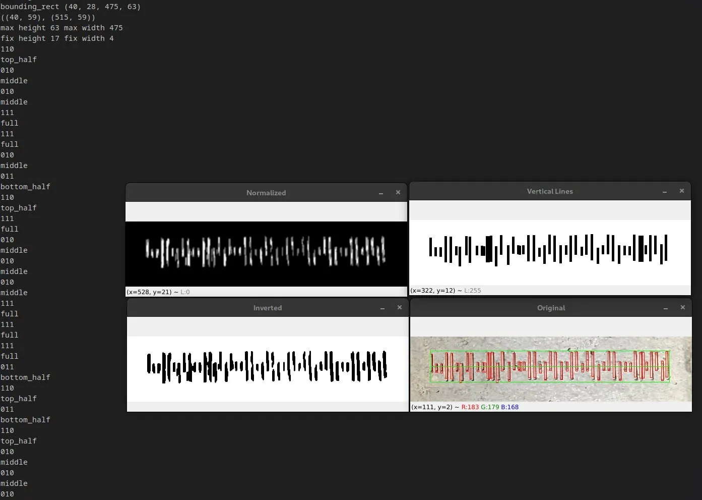 Decoder debug output: bars split into top, bottom and middle